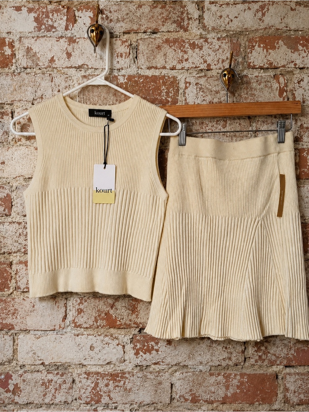 Kourt Cream Ribbed Knit Skirt - with Elegant Pleated Hem and Ribbed Top